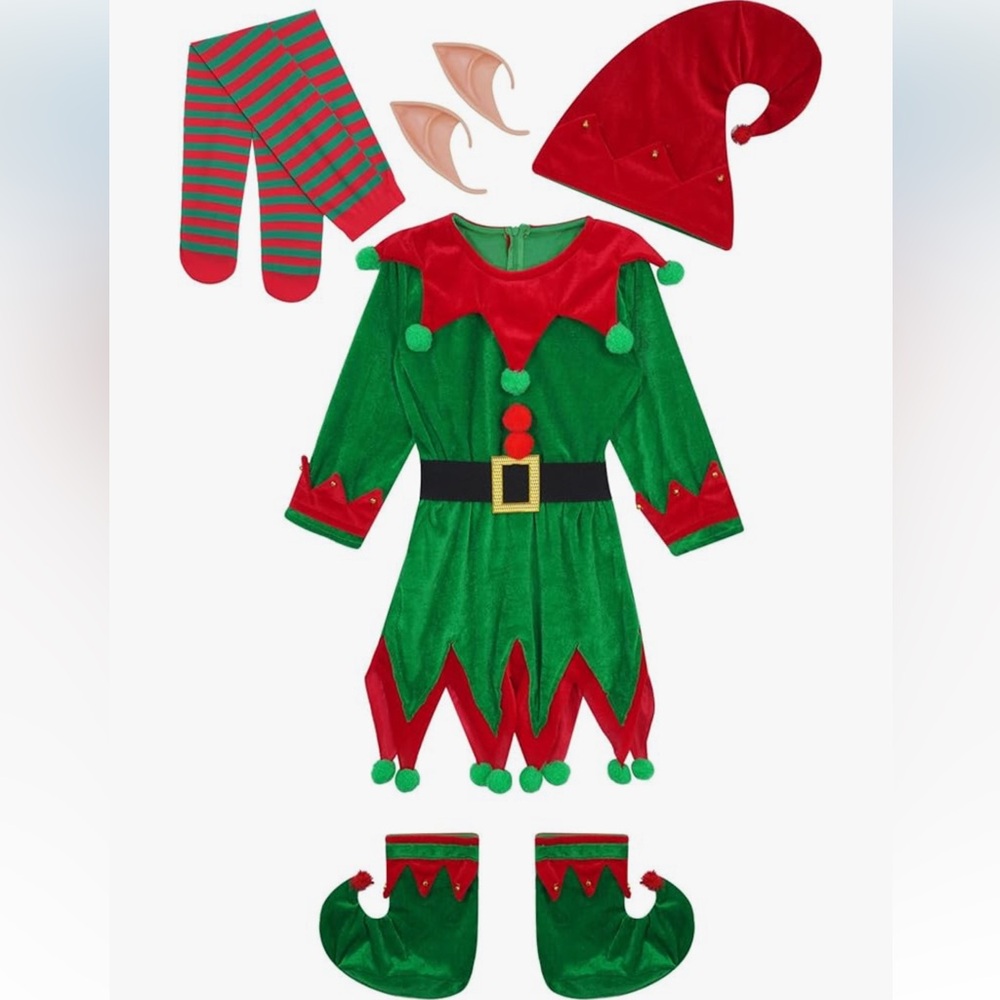 Festive Green Red Christmas Holiday Elf Costume for Kids Dress Ears 7-PC Large